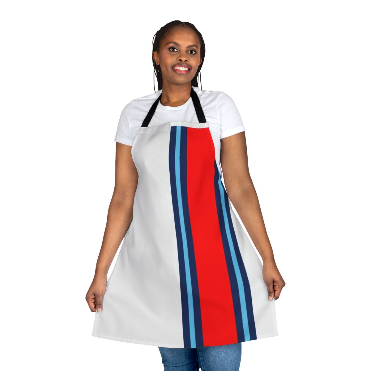 A close-up of a high-quality classic motorsport stripe apron with a minimalist design.