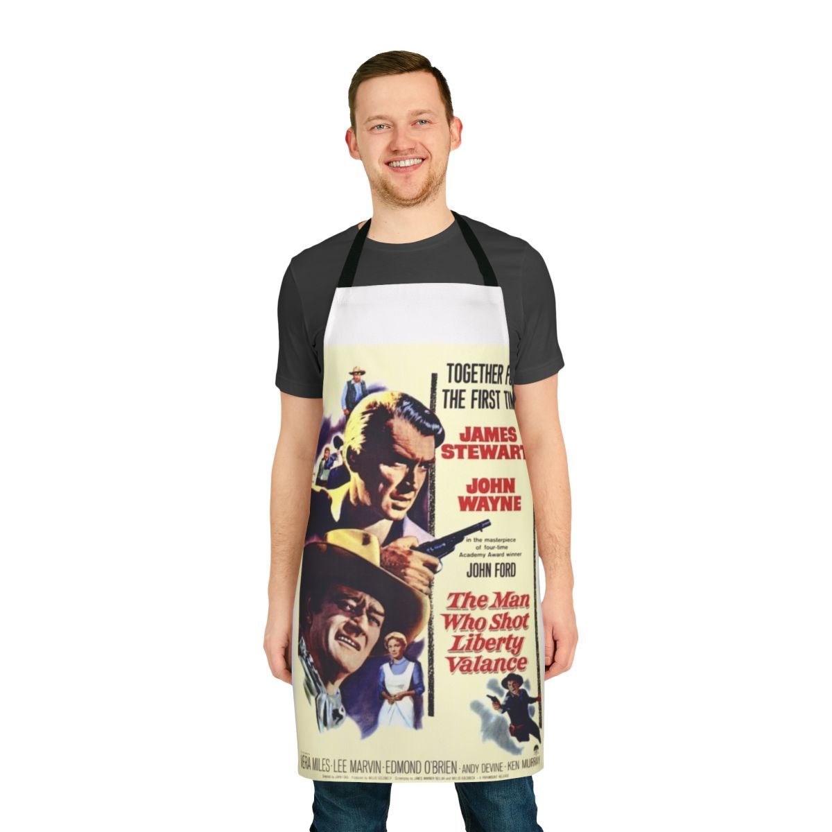 The Man Who Shot Liberty Valance-inspired apron featuring John Wayne and James Stewart