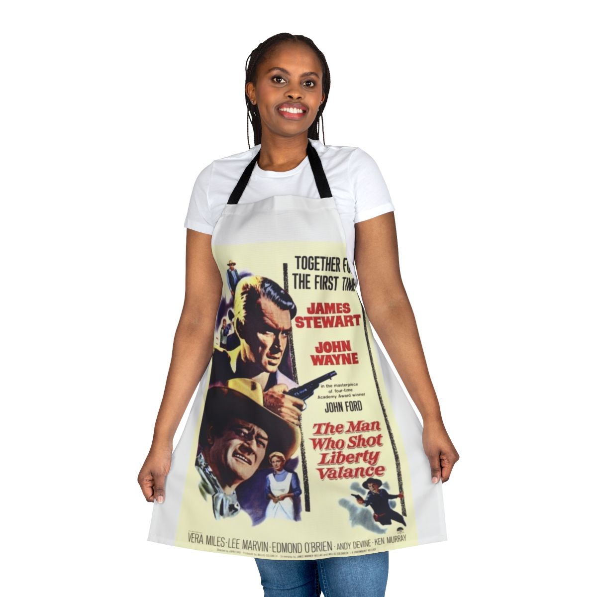 The Man Who Shot Liberty Valance-inspired apron featuring John Wayne and James Stewart