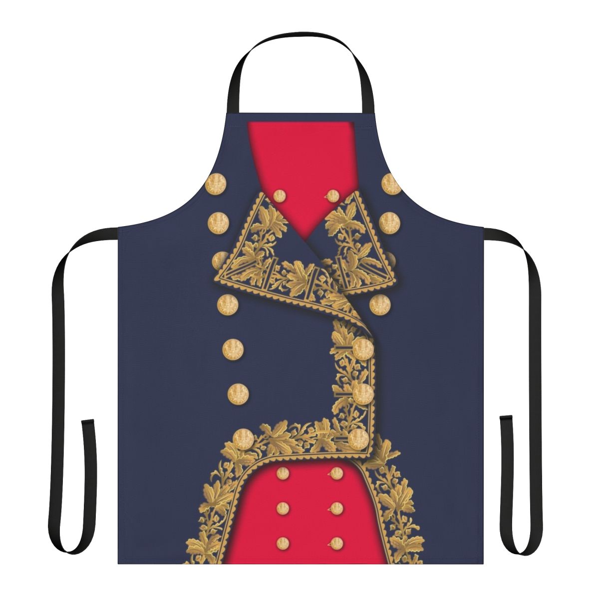 Man wearing a navy blue and red napoleonic-style general's uniform and a vintage-inspired apron