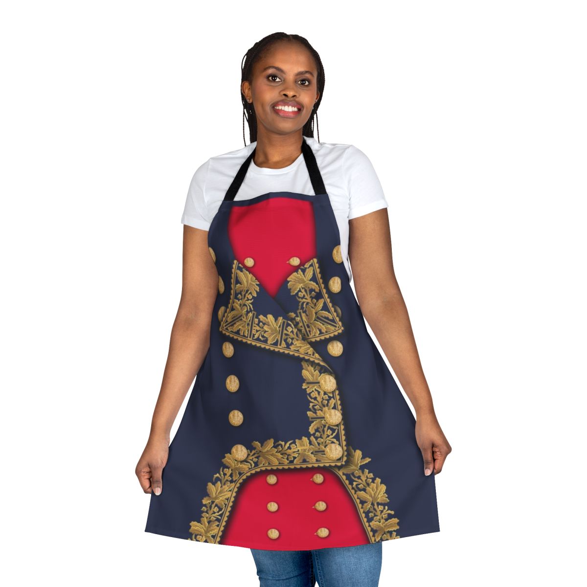 Man wearing a navy blue and red napoleonic-style general's uniform and a vintage-inspired apron