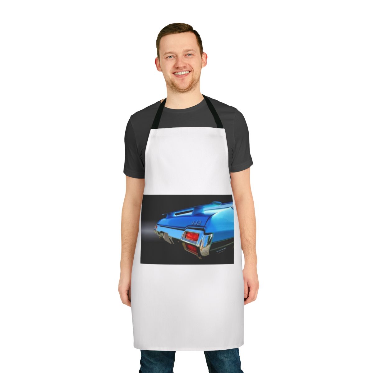 Vintage-style apron featuring the iconic 1971 Oldsmobile 442 muscle car design