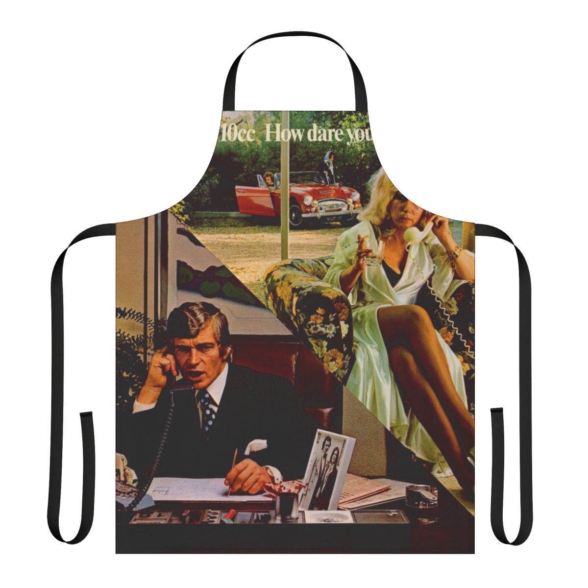 Stylish classic rock-inspired apron with guitar, music icon, and album cover design