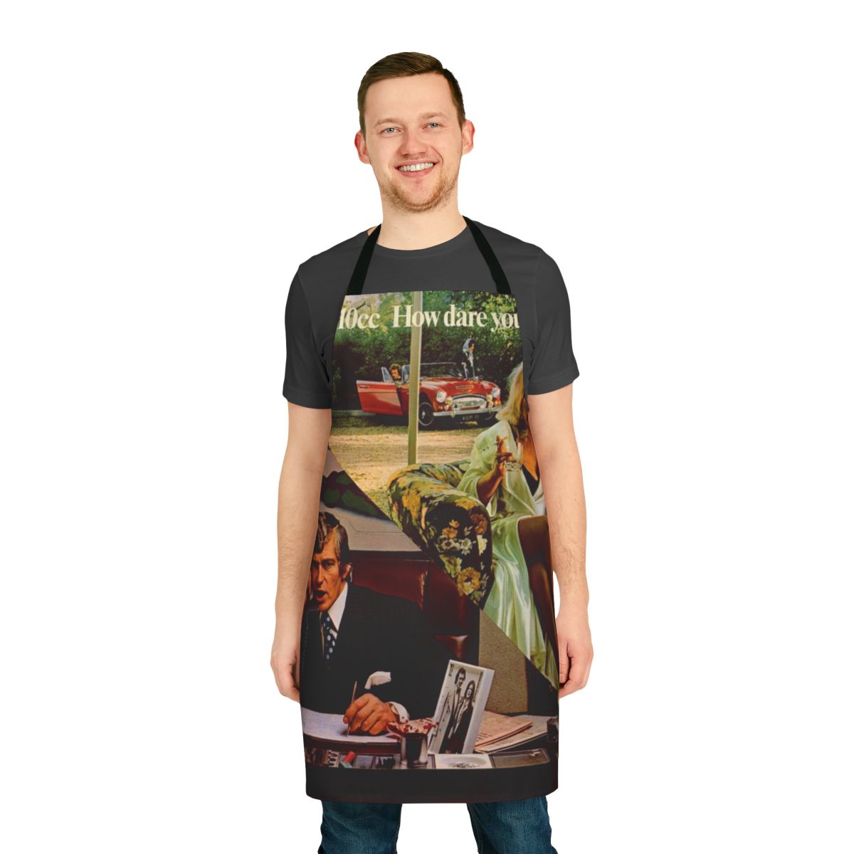 Stylish classic rock-inspired apron with guitar, music icon, and album cover design