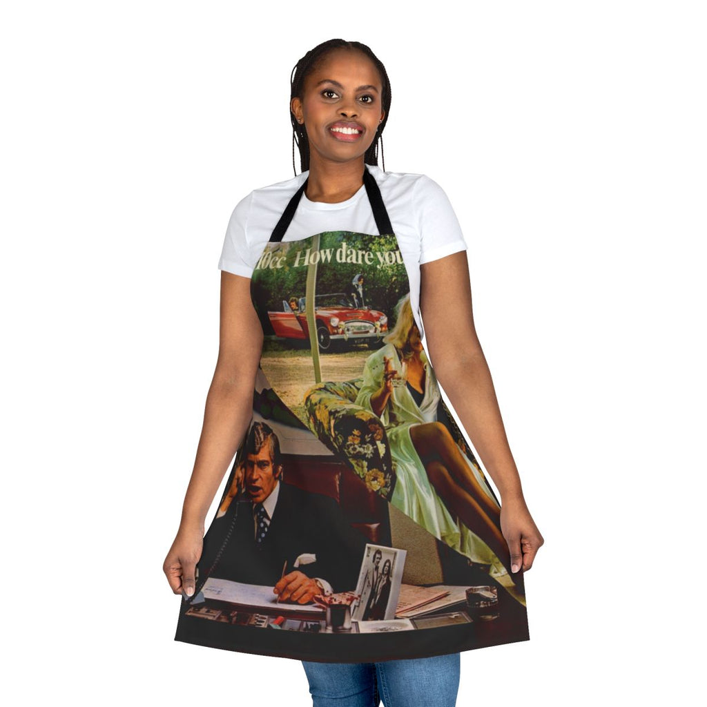 Stylish classic rock-inspired apron with guitar, music icon, and album cover design