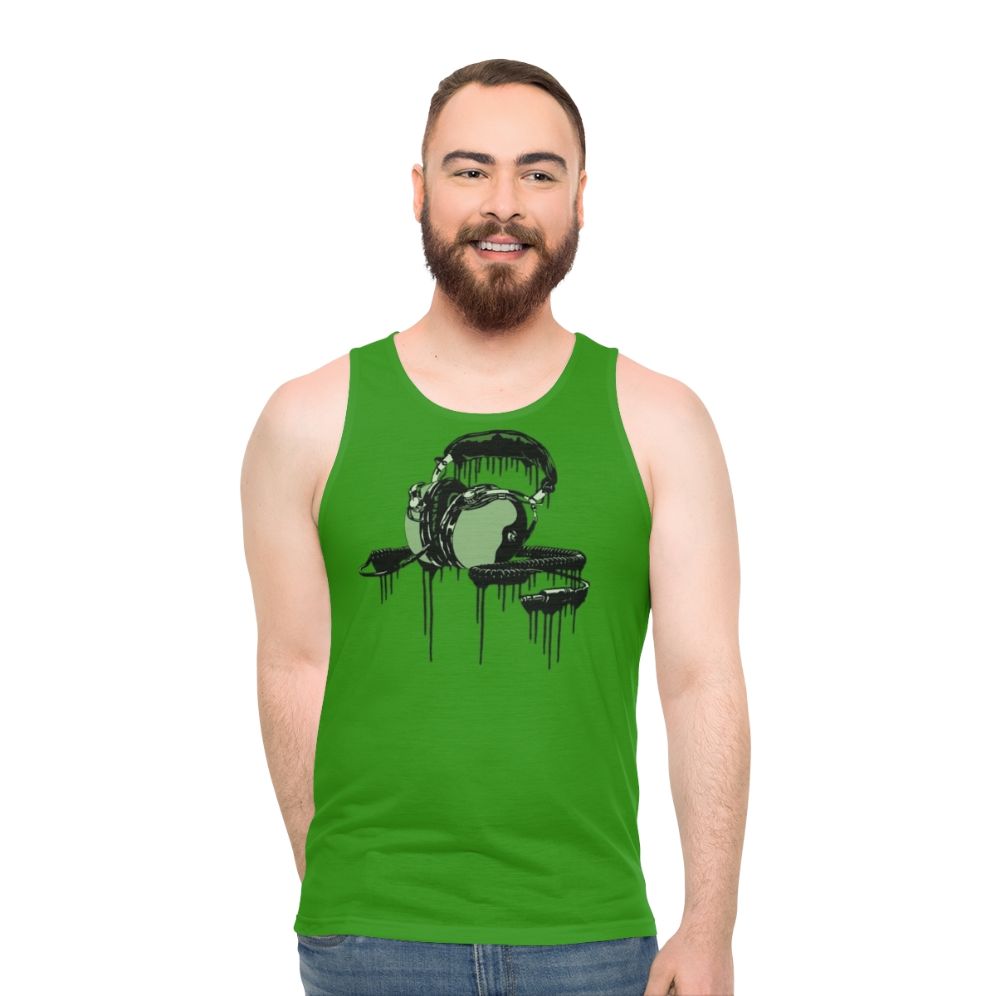 Classic Shells Unisex Tank Top featuring retro 70s album cover design and headphones