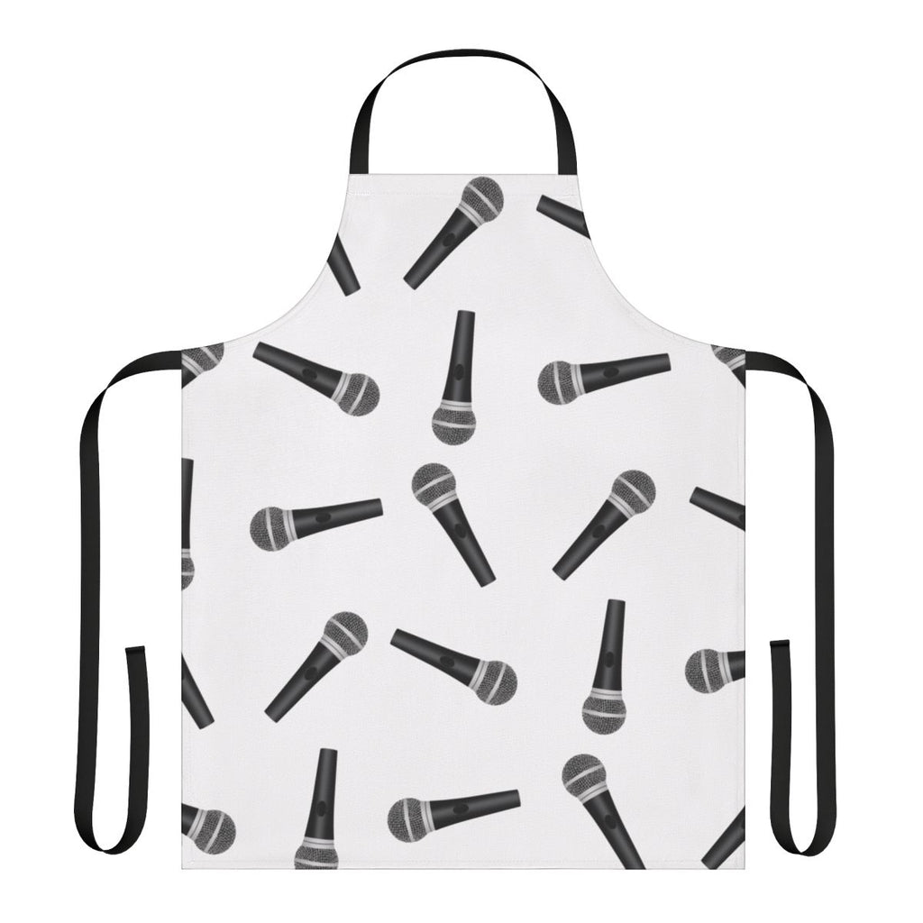 Classic-style black and white microphone pattern printed on an apron