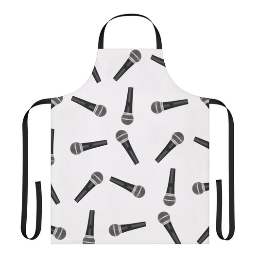 Classic-style black and white microphone pattern printed on an apron