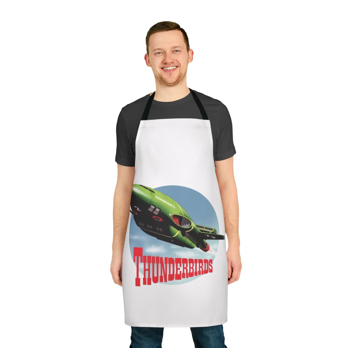 Thunderbirds-themed apron featuring the iconic Thunderbird 2 spacecraft from the classic 1960s sci-fi TV show
