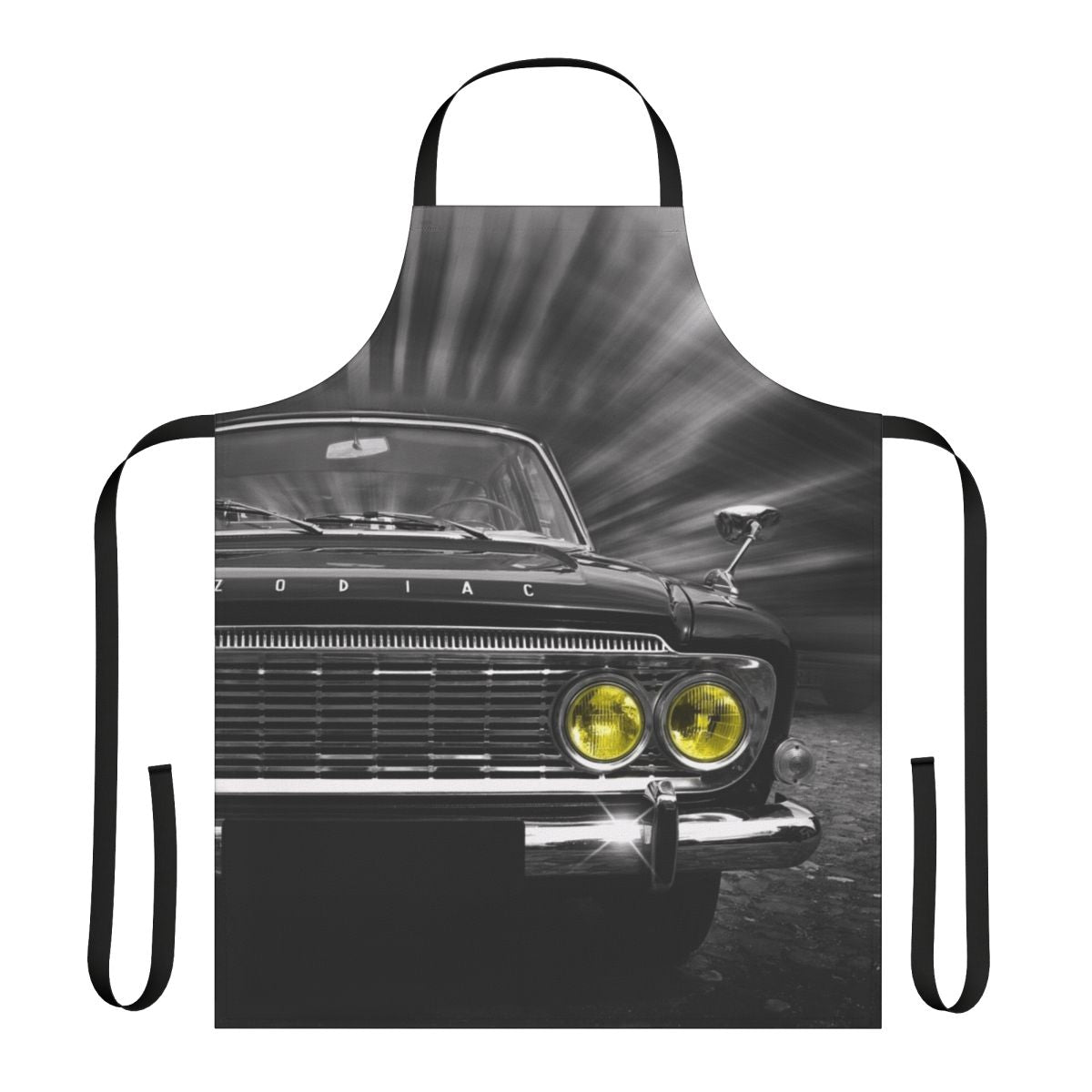 Apron featuring a classic Zodiac car design in black and white