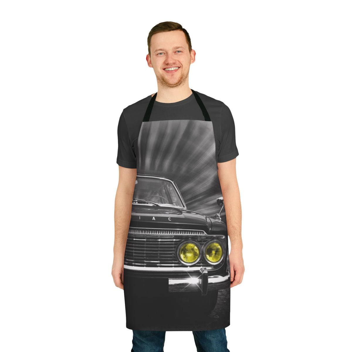 Apron featuring a classic Zodiac car design in black and white
