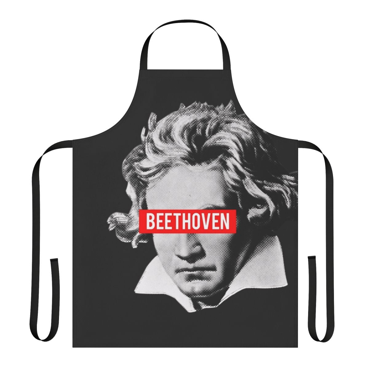 Classical music-themed apron featuring a halftone design of Beethoven, with musical instruments like violin, viola, cello, and piano.