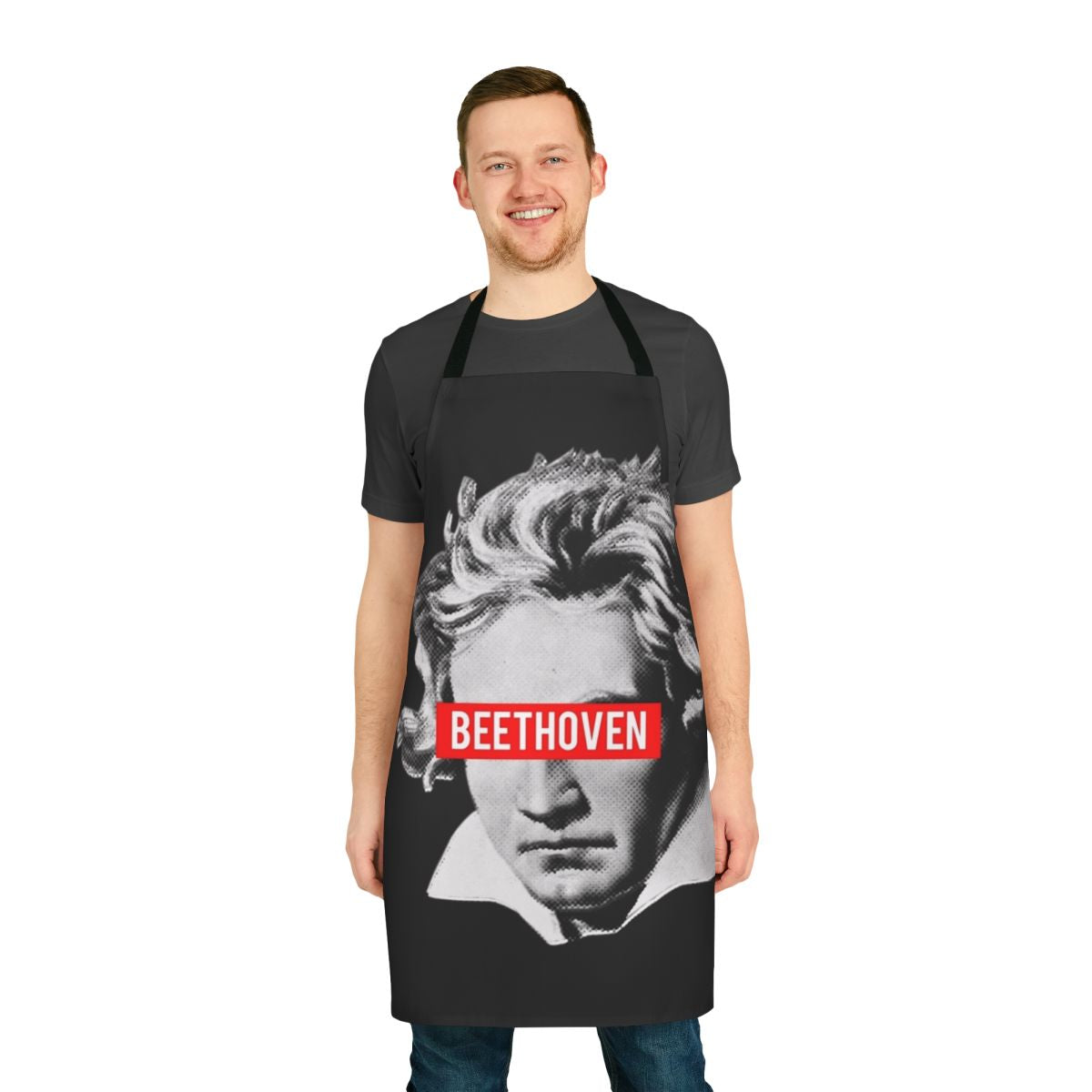 Classical music-themed apron featuring a halftone design of Beethoven, with musical instruments like violin, viola, cello, and piano.