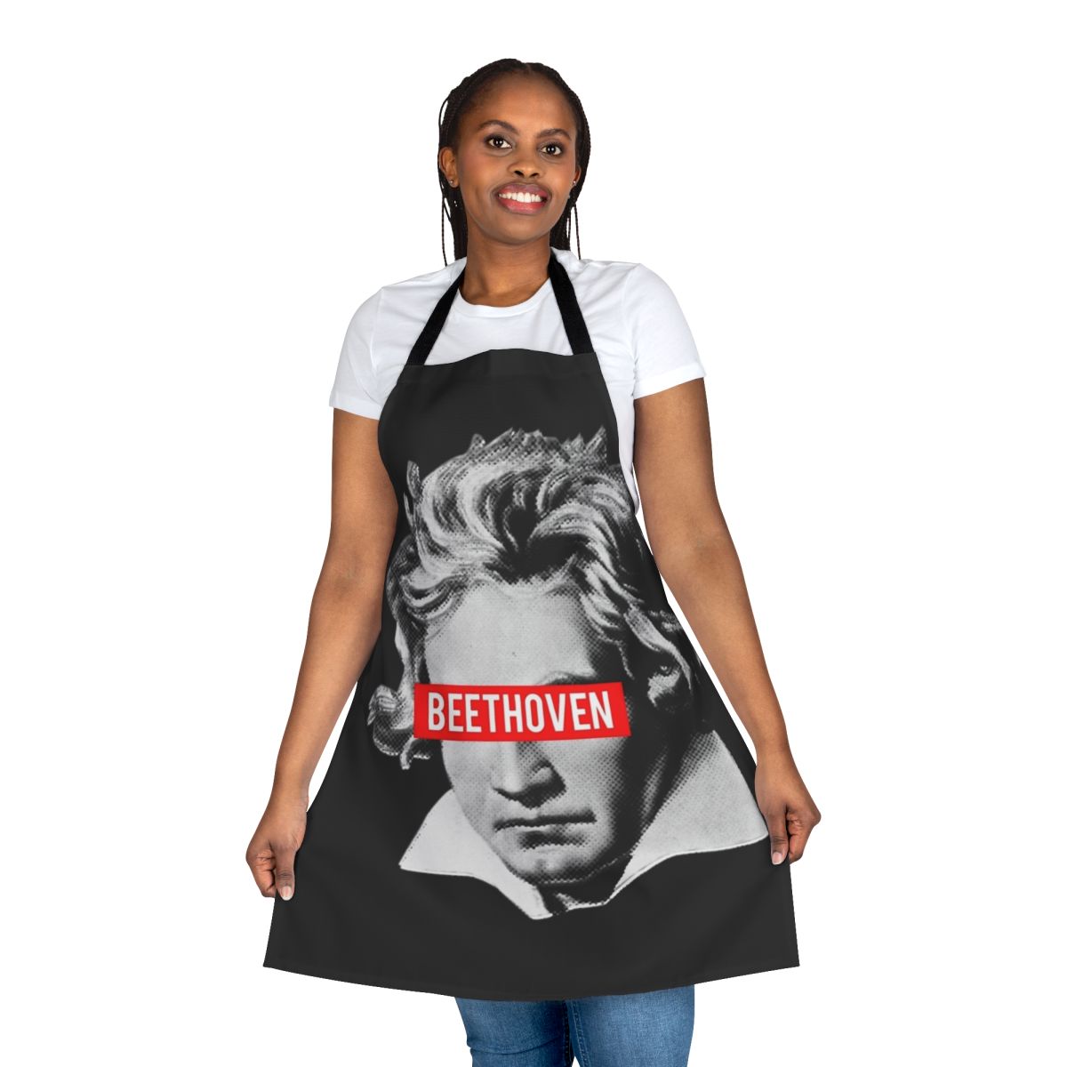 Classical music-themed apron featuring a halftone design of Beethoven, with musical instruments like violin, viola, cello, and piano.