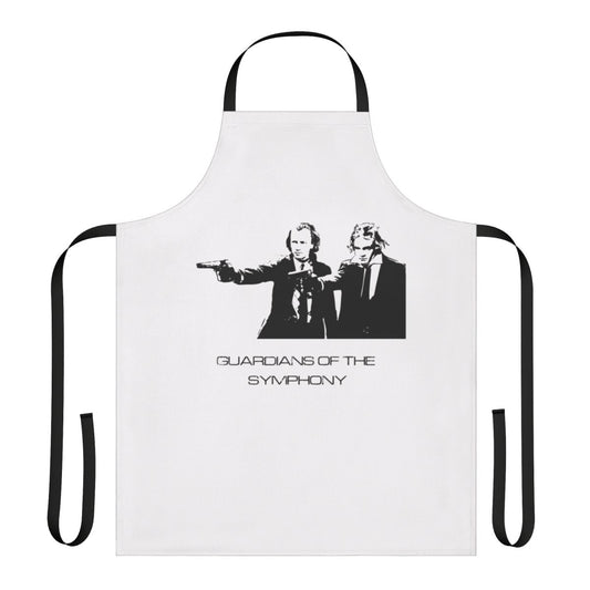Musical apron featuring silhouettes of classical composers like Brahms, Beethoven, and Mozart