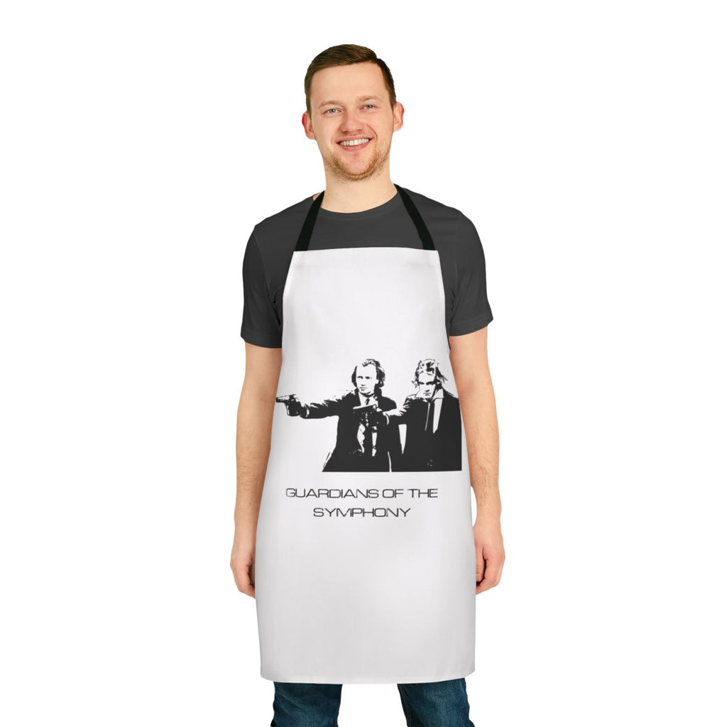 Musical apron featuring silhouettes of classical composers like Brahms, Beethoven, and Mozart