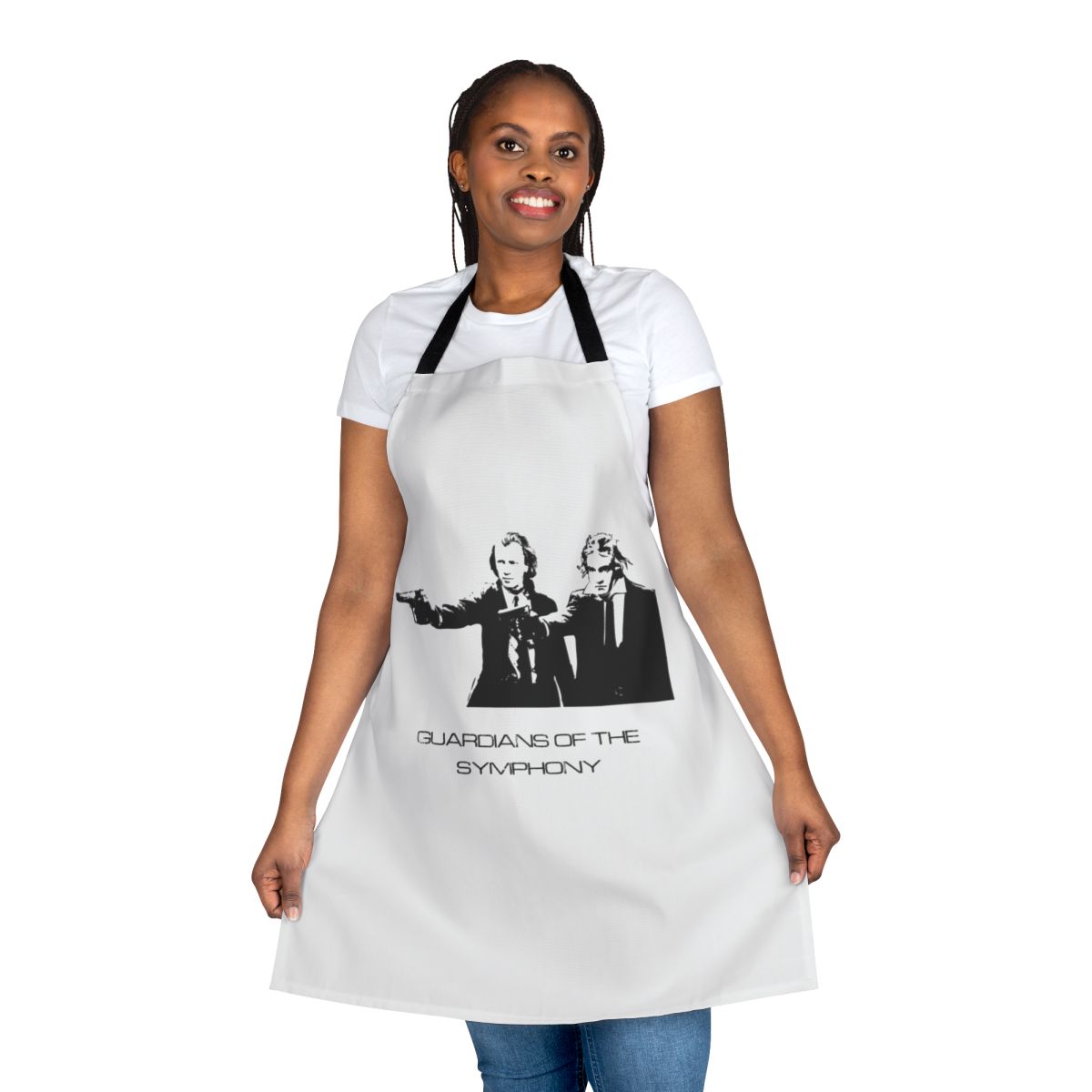Musical apron featuring silhouettes of classical composers like Brahms, Beethoven, and Mozart