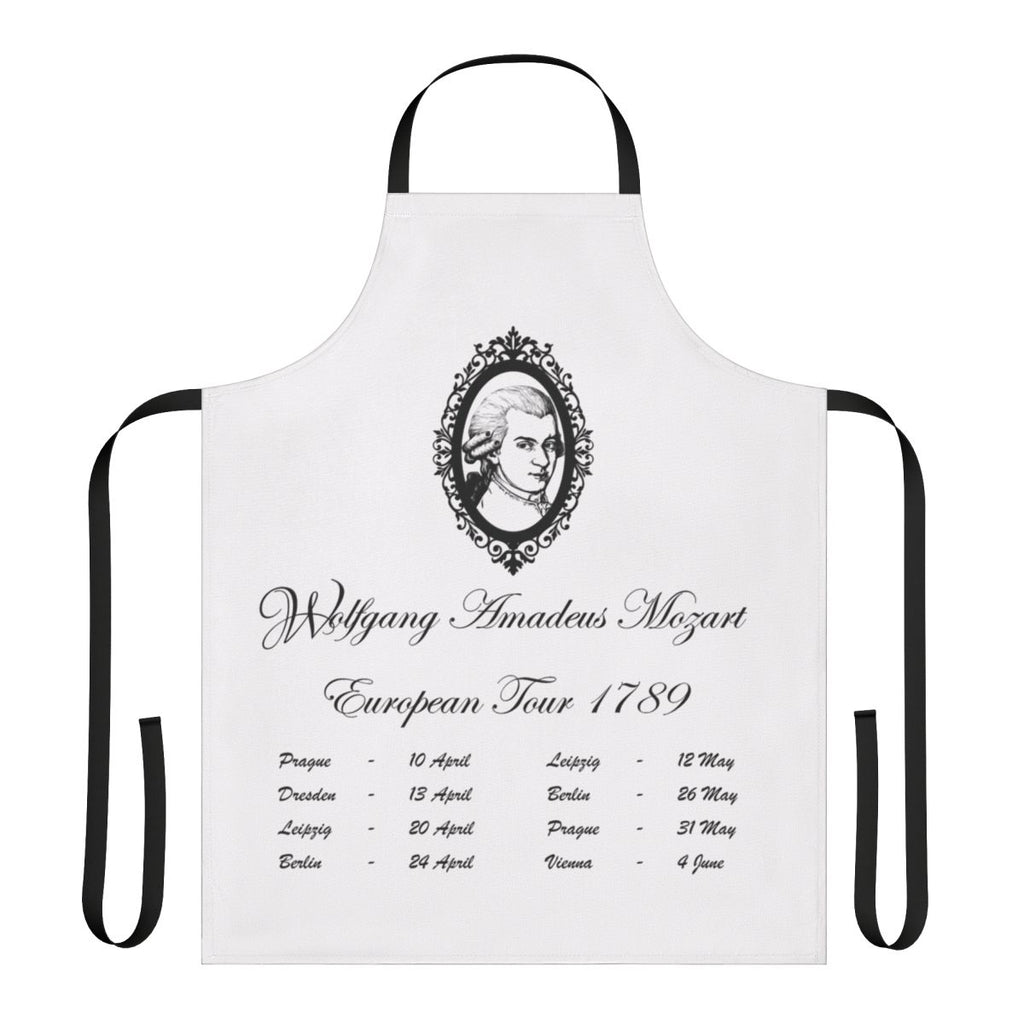 An apron featuring the name and dates of Wolfgang Amadeus Mozart's 1789 European tour.