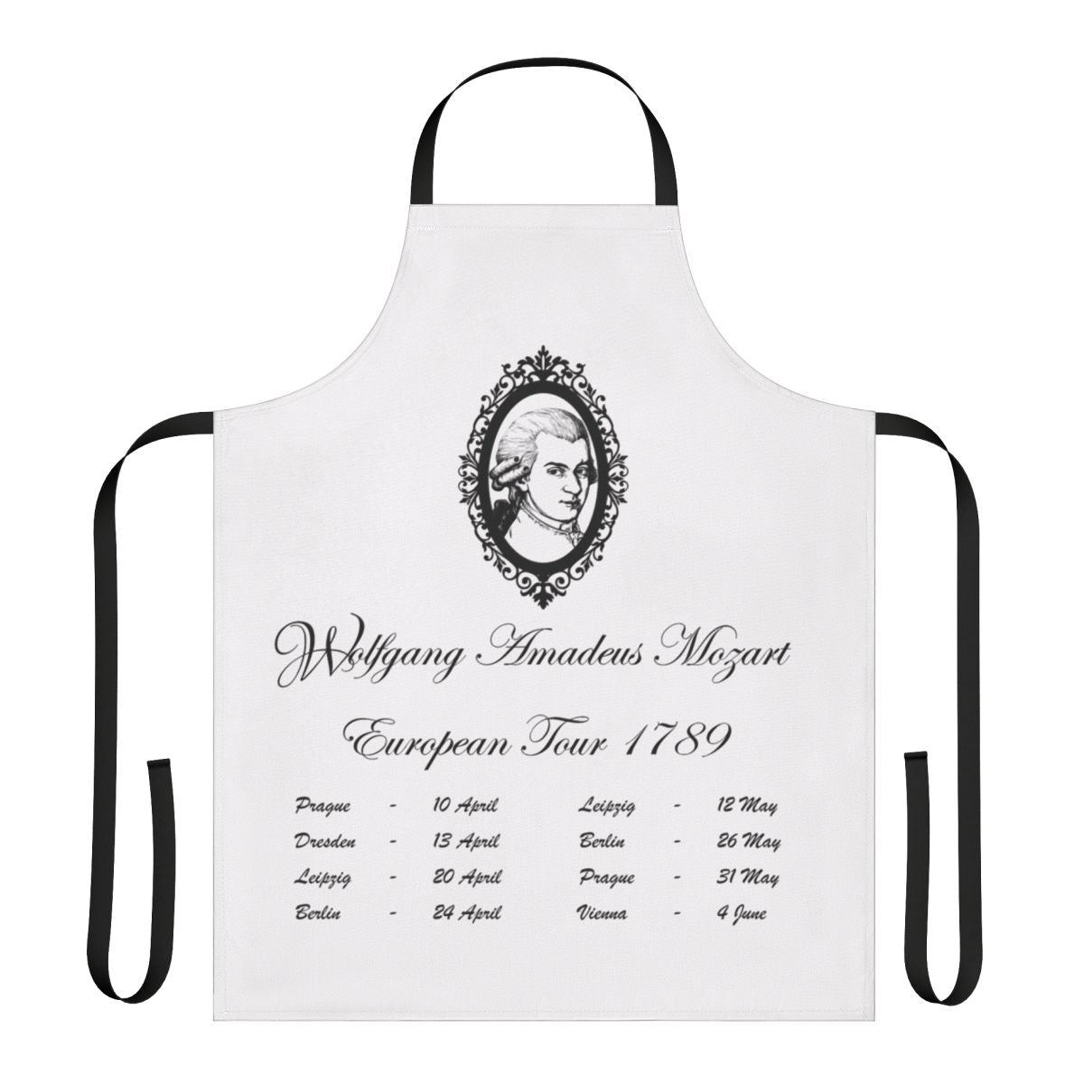 An apron featuring the name and dates of Wolfgang Amadeus Mozart's 1789 European tour.