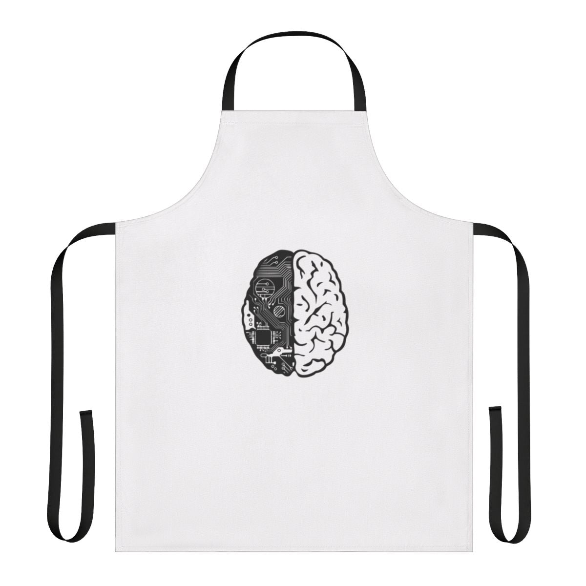 A black apron with binary code and "Coding Brain" printed on it.