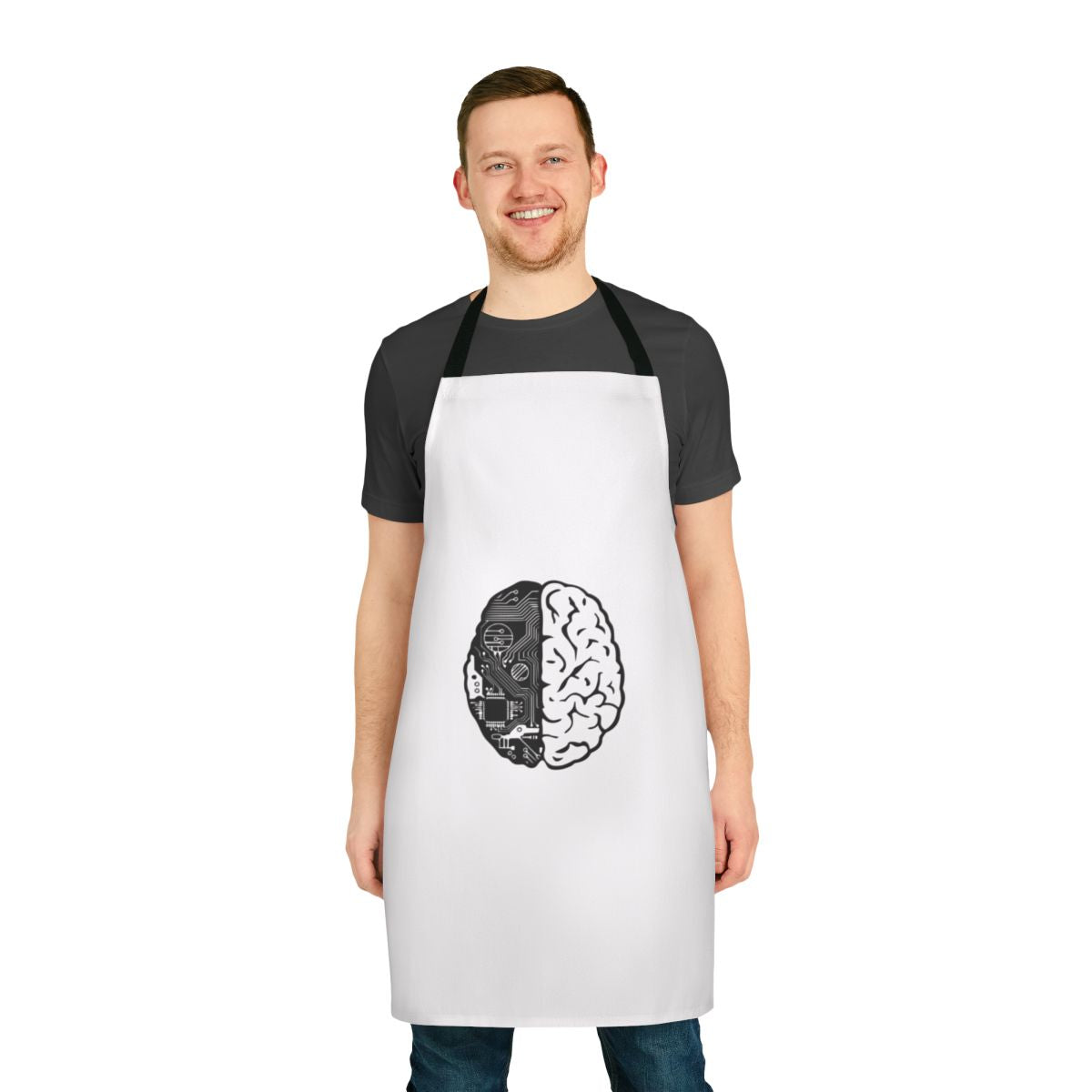 A black apron with binary code and "Coding Brain" printed on it.