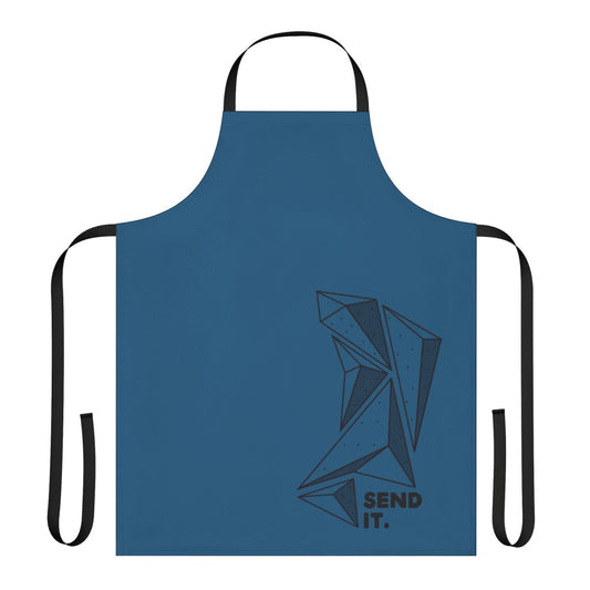 Person wearing a climbing-themed apron with the words "Send It"