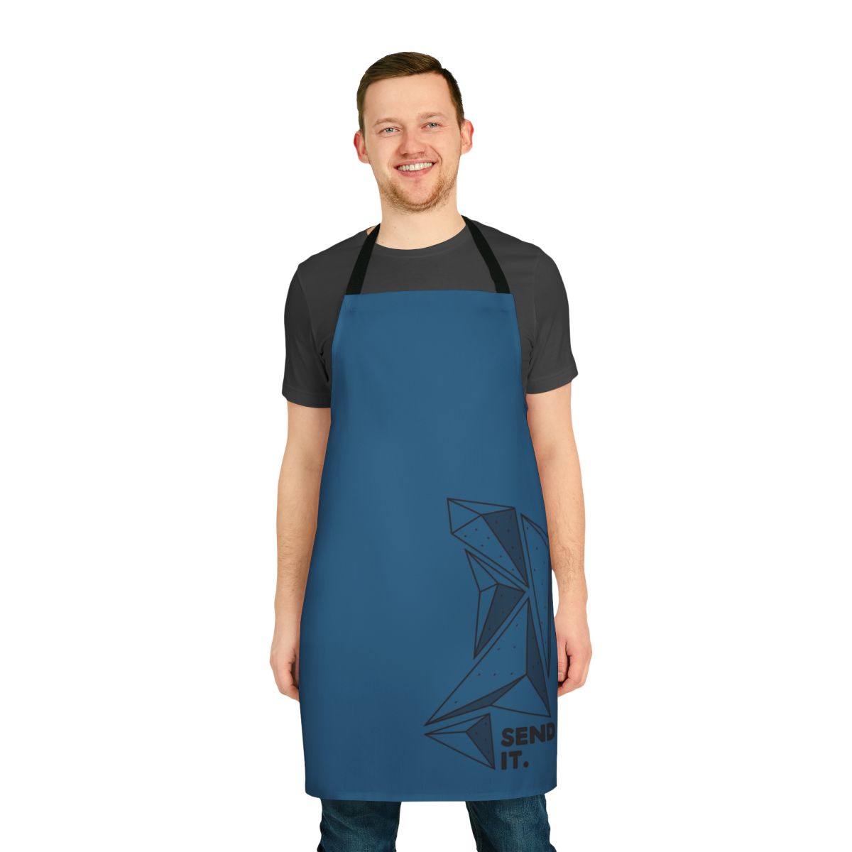Person wearing a climbing-themed apron with the words "Send It"