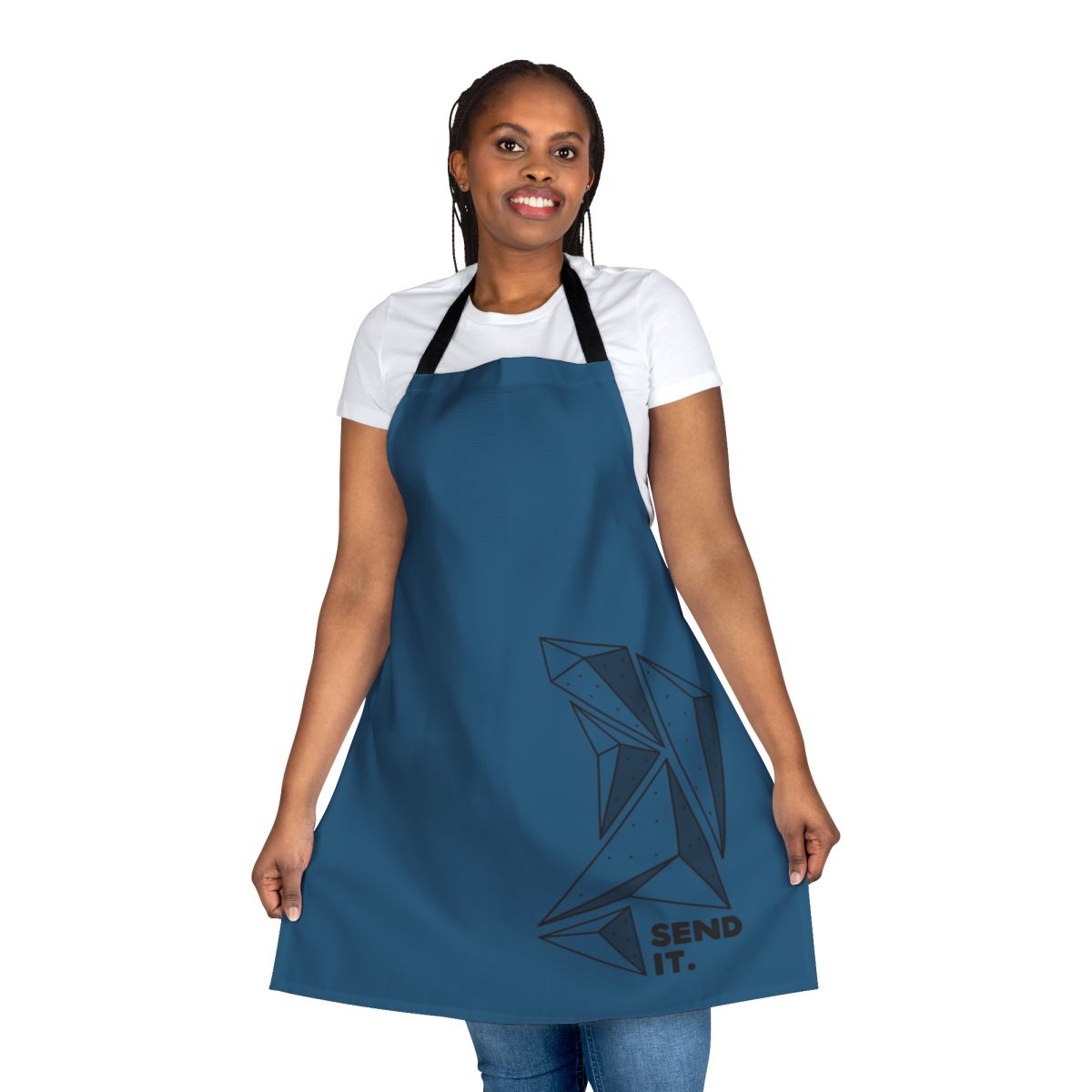 Person wearing a climbing-themed apron with the words "Send It"