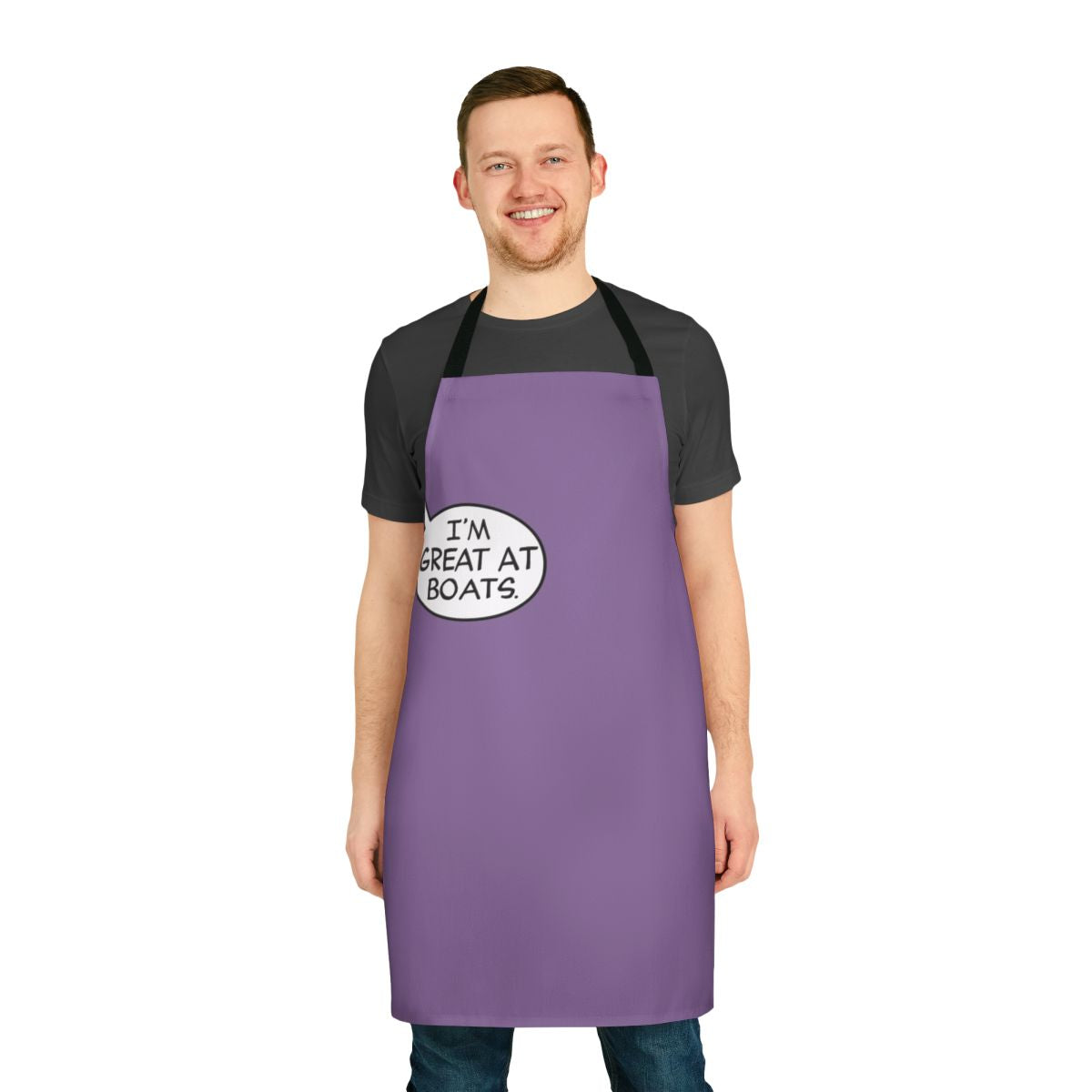 Apron featuring a talk bubble design with the text "I M Great At Boats", inspired by the Marvel character Clint Barton/Hawkeye