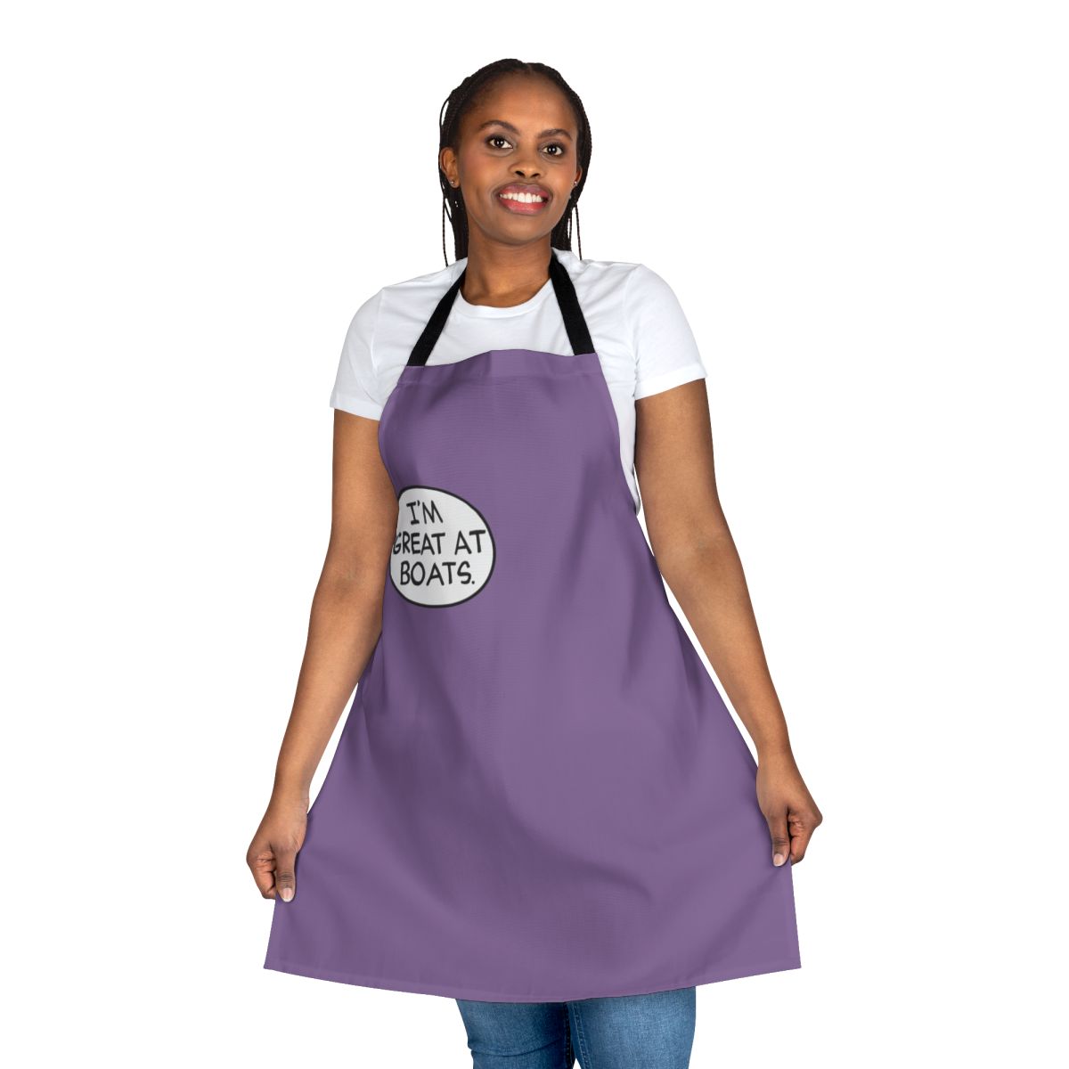 Apron featuring a talk bubble design with the text "I M Great At Boats", inspired by the Marvel character Clint Barton/Hawkeye