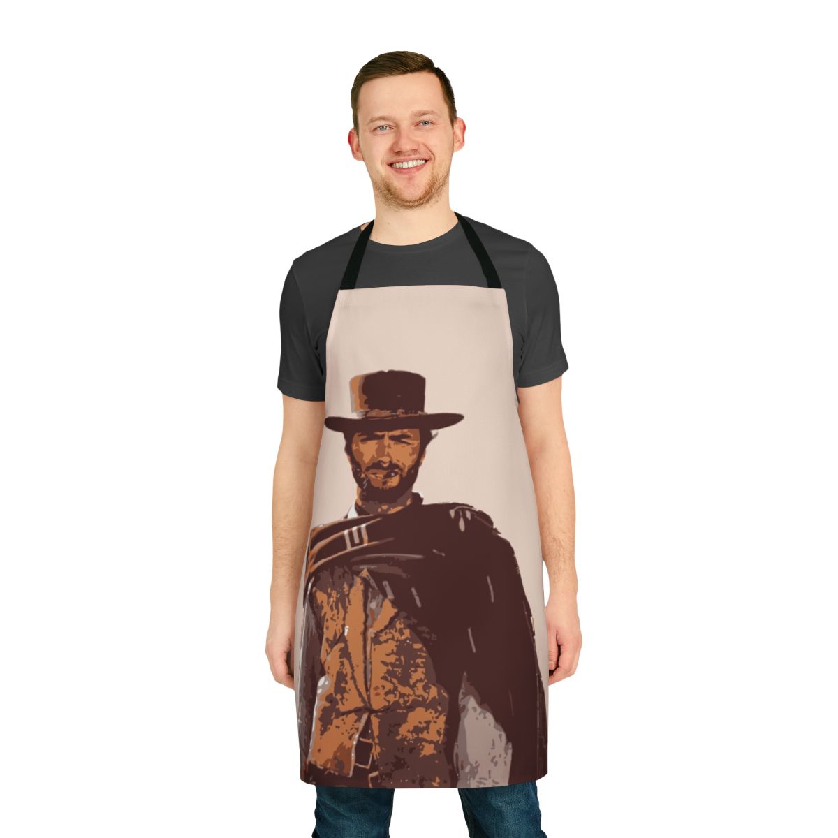 Clint Eastwood-inspired cowboy apron with smoking imagery