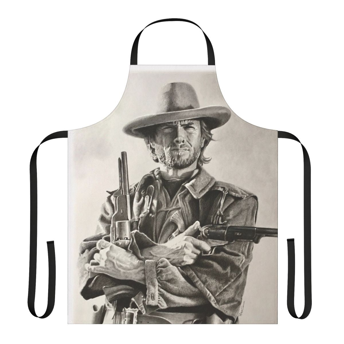 Clint Eastwood-inspired sketch apron featuring a detailed drawing of the legendary actor