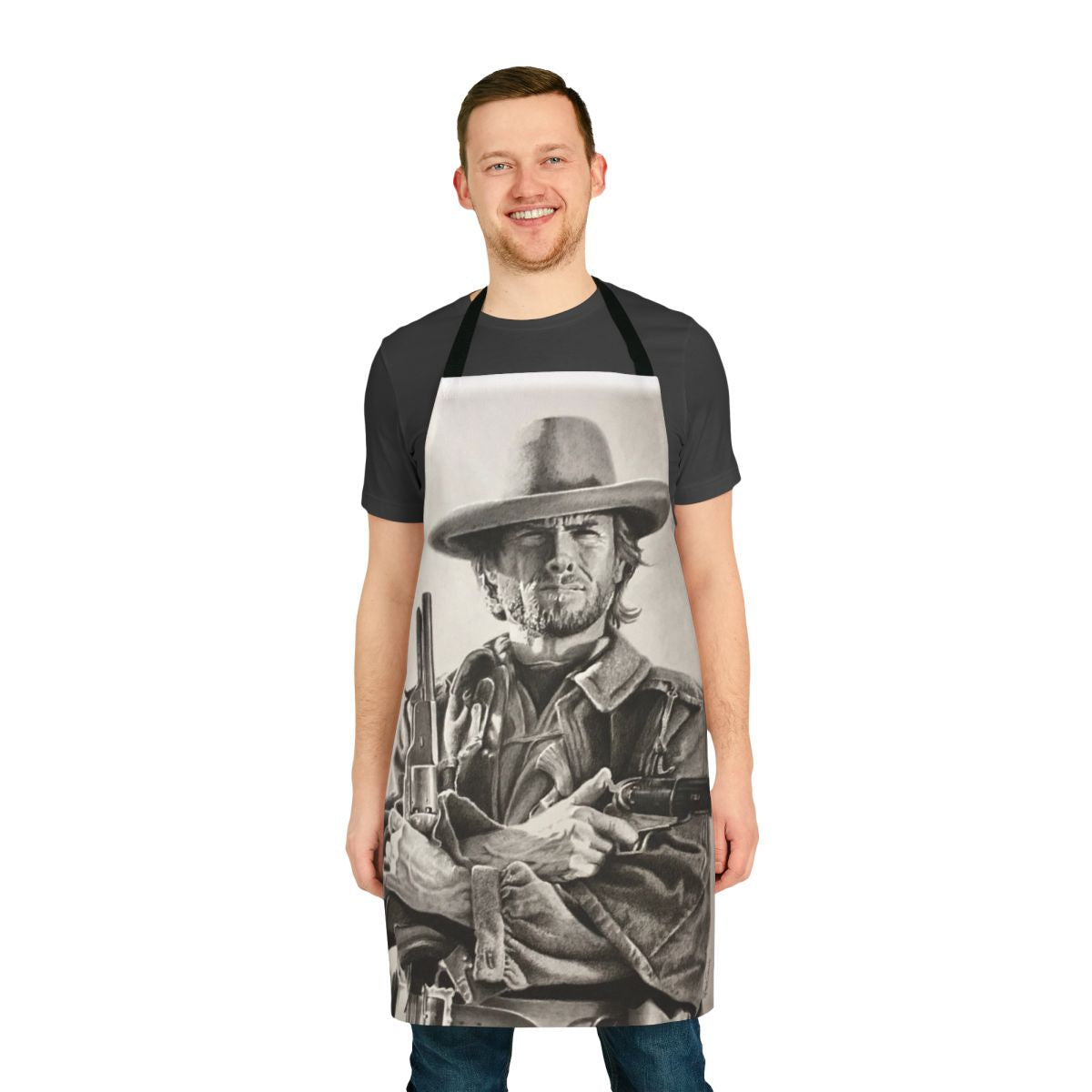 Clint Eastwood-inspired sketch apron featuring a detailed drawing of the legendary actor