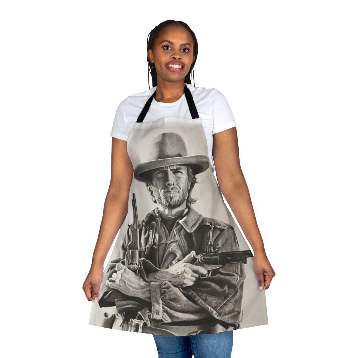Clint Eastwood-inspired sketch apron featuring a detailed drawing of the legendary actor