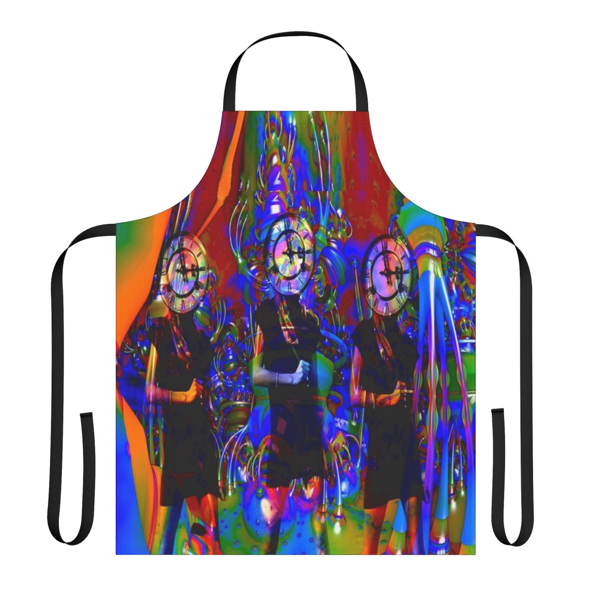 A colorful, abstract apron with a vintage, clockwork-inspired design