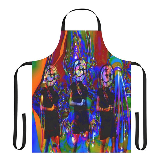 A colorful, abstract apron with a vintage, clockwork-inspired design
