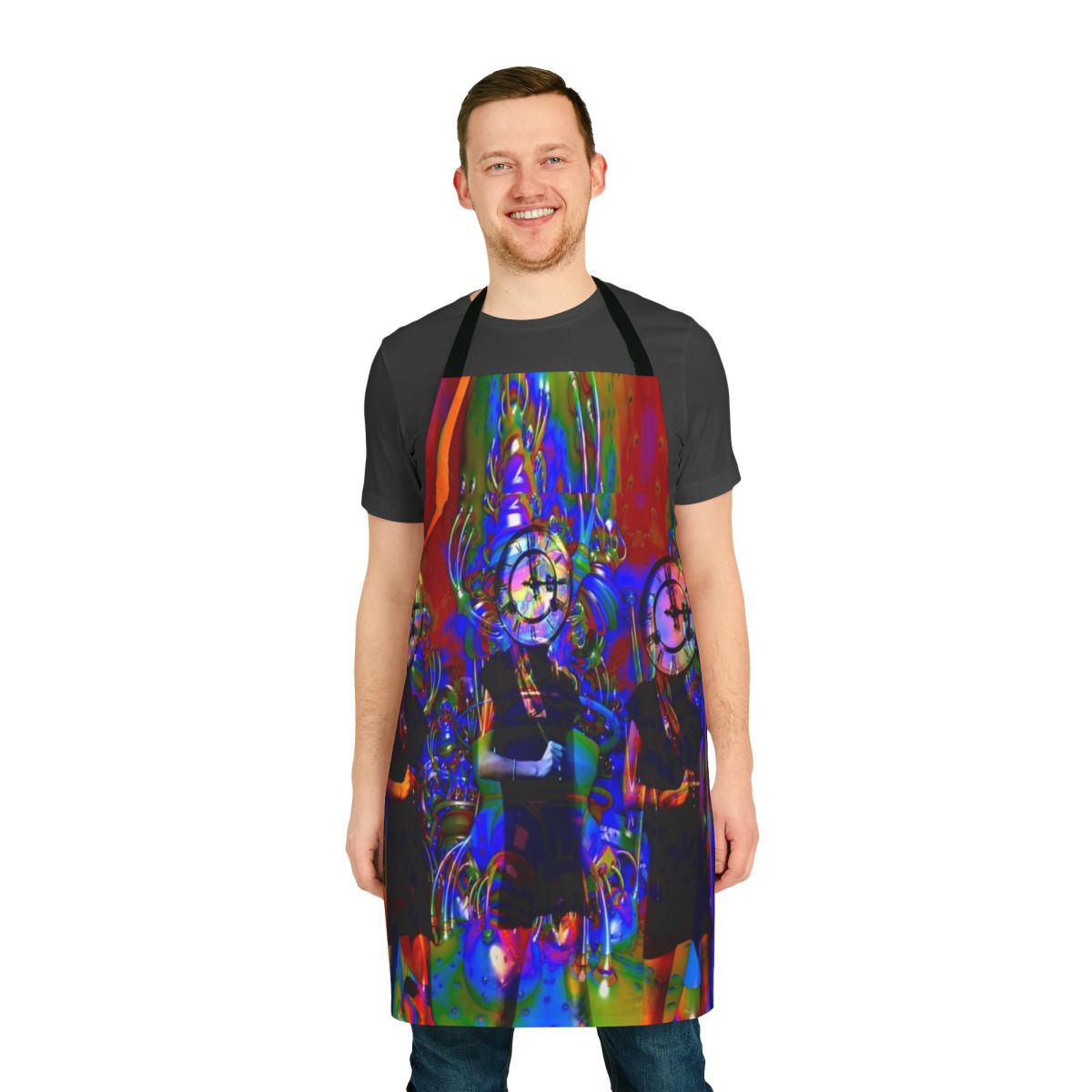 A colorful, abstract apron with a vintage, clockwork-inspired design