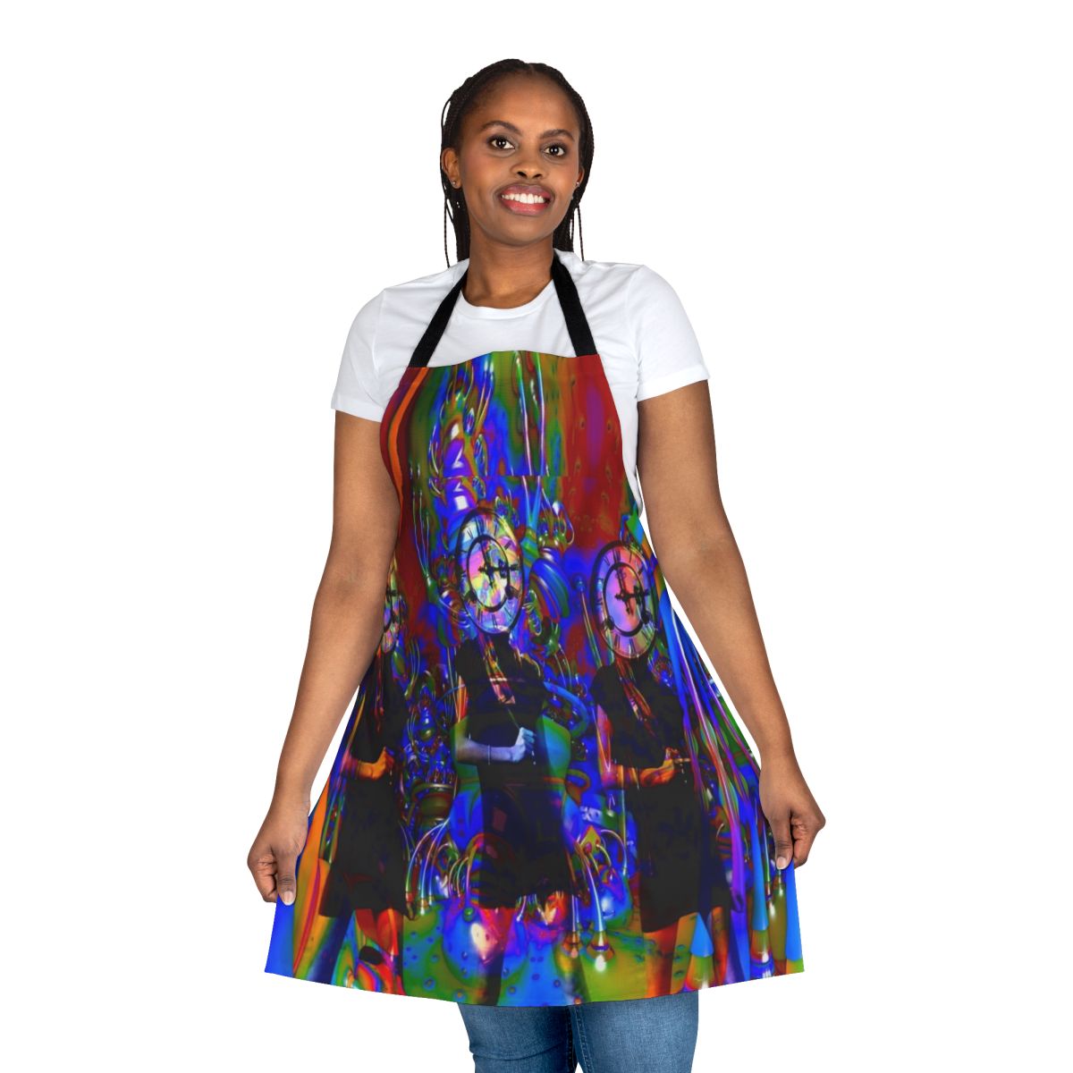 A colorful, abstract apron with a vintage, clockwork-inspired design