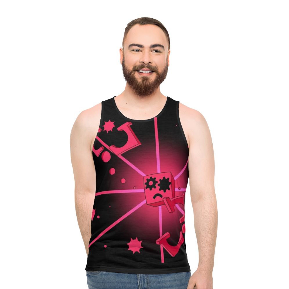 Video game inspired "Close to Me" unisex tank top with geometric and corrupted cube design in pink
