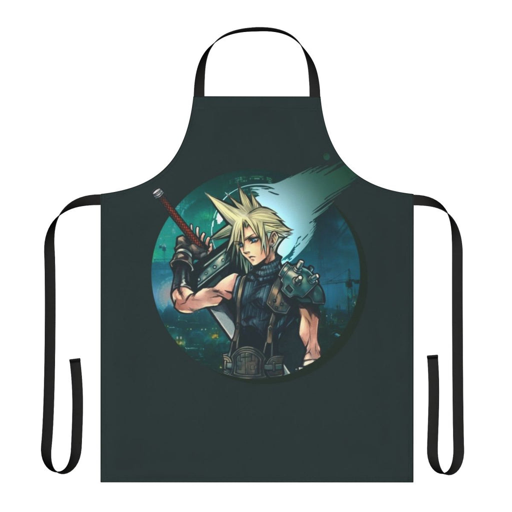 A green apron with a cloud and buster sword design, inspired by the iconic Final Fantasy VII character Cloud Strife.