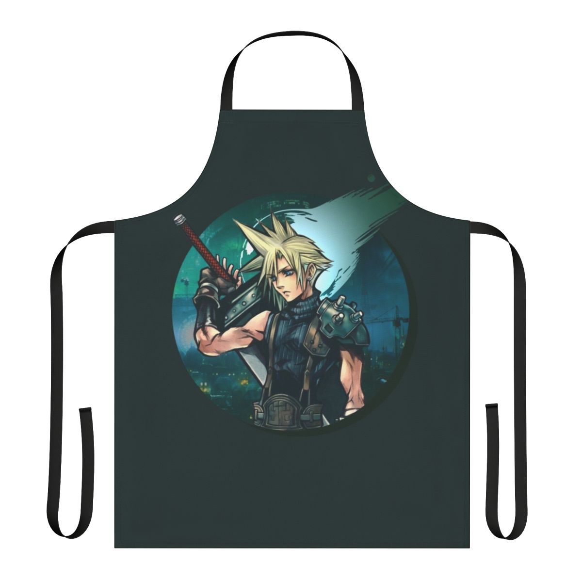 A green apron with a cloud and buster sword design, inspired by the iconic Final Fantasy VII character Cloud Strife.