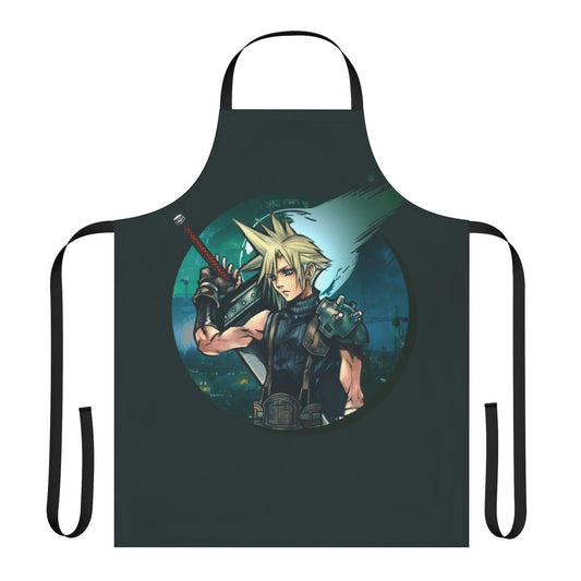 A green apron with a cloud and buster sword design, inspired by the iconic Final Fantasy VII character Cloud Strife.