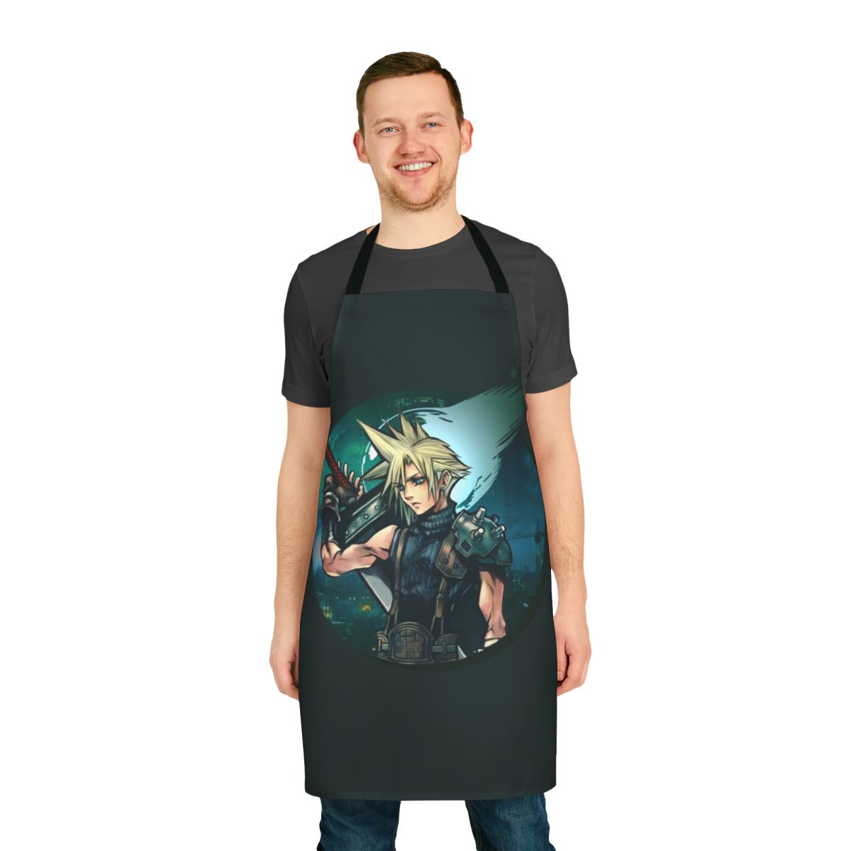 A green apron with a cloud and buster sword design, inspired by the iconic Final Fantasy VII character Cloud Strife.