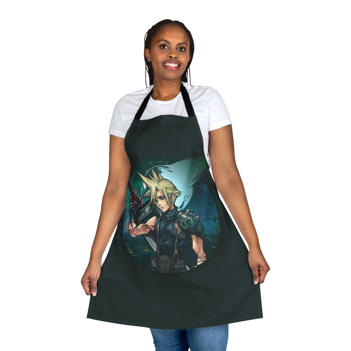 A green apron with a cloud and buster sword design, inspired by the iconic Final Fantasy VII character Cloud Strife.