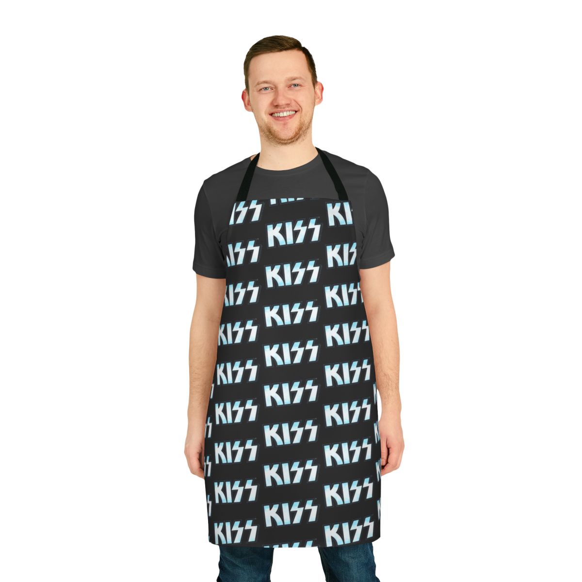 Apron featuring a graphic design inspired by the iconic Kiss the Band logo and clouds in a blue sky.