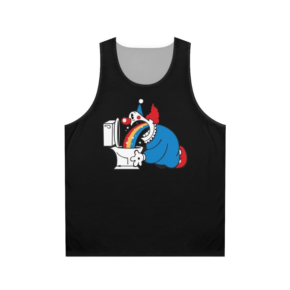 Clown throwing up a rainbow graphic design on a white tank top