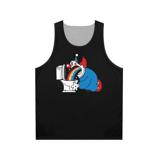 Clown throwing up a rainbow graphic design on a white tank top