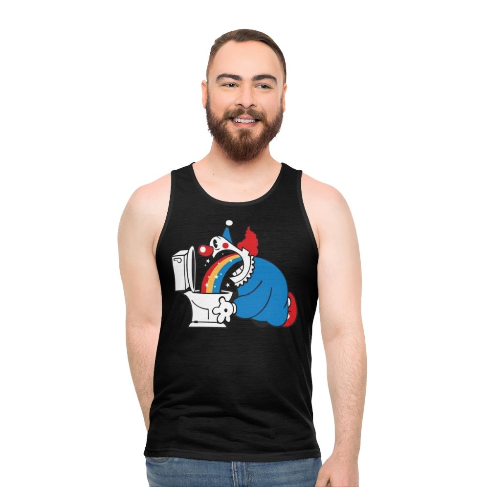 Clown throwing up a rainbow graphic design on a white tank top