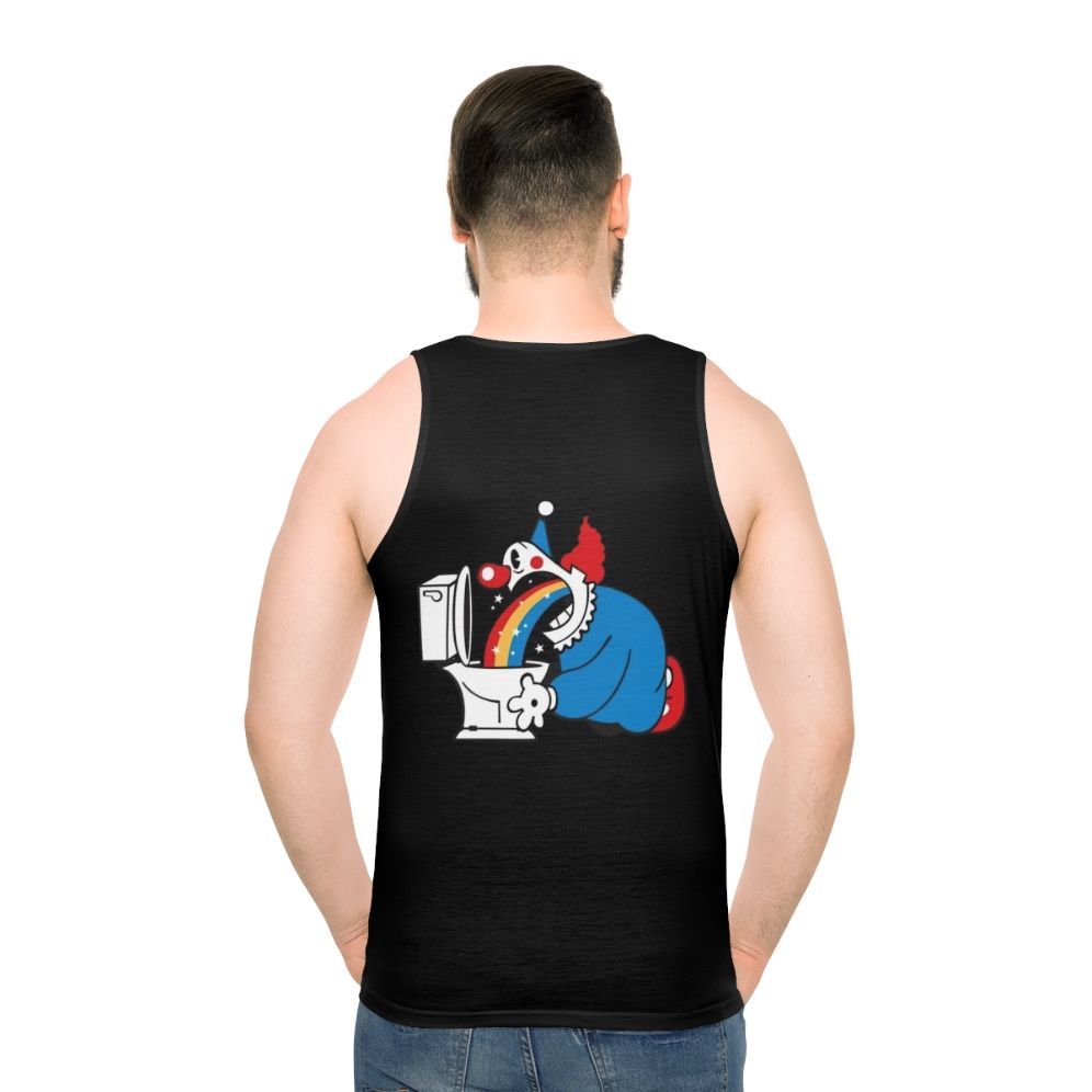 Clown throwing up a rainbow graphic design on a white tank top