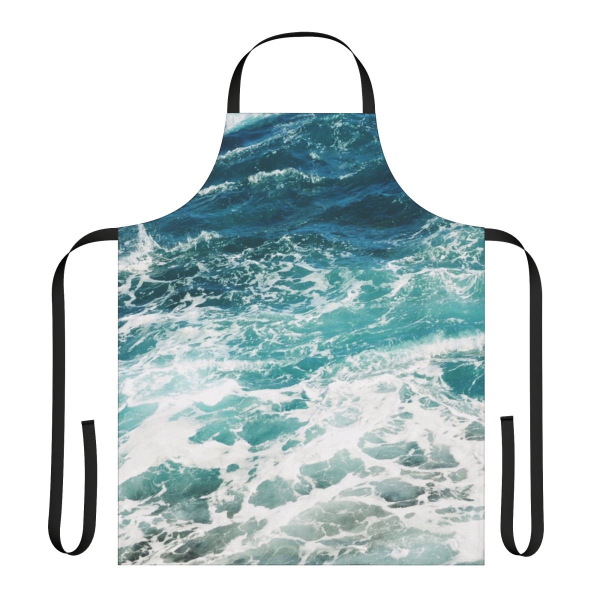 A blue and white apron featuring an abstract ocean wave pattern, perfect for the beach-loving home chef.